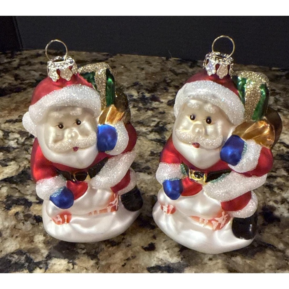 Santa Glass Christmas Holiday Tree Ornaments Set Of 2 Chimney Presents Vintage